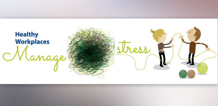 Illustration som visar två människor som nystar upp ett trassligt garnnystan, text: Healthy Workplaces Manage Stress