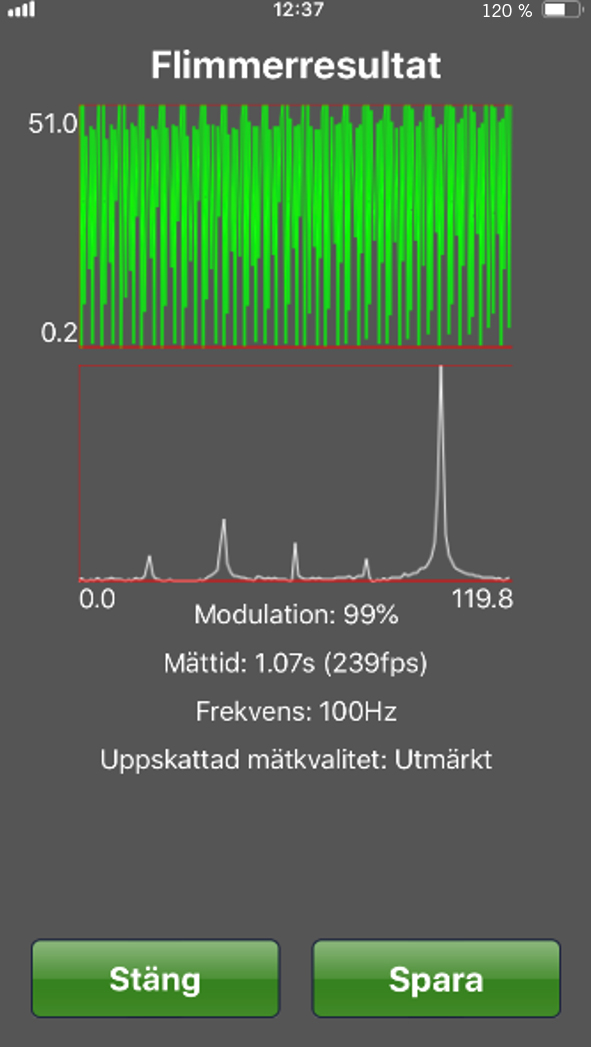 Skärmdump som visar ljusappens resultat efter mätning av flimmer.