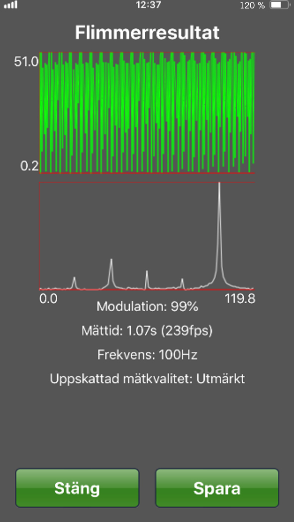 Skärmdump som visar ljusappens resultat efter mätning av flimmer.