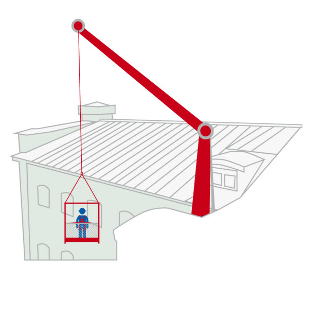 Illustration av en byggarbetare i en arbetskorg som hänger från en kran.