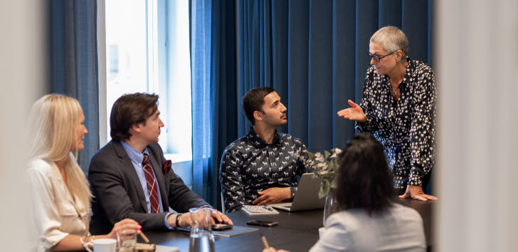 En grupp människor har ett möte runt ett konferensbord. En kvinna står och pratar medan de andra sitter och lyssnar.