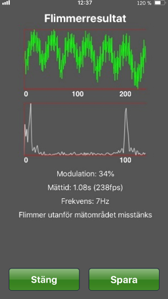 Skärmdump som visar ljusappens resultat efter mätning av flimmer.