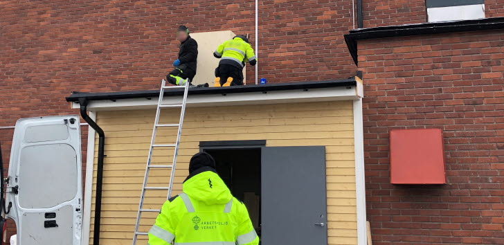 Två personer som arbetar på ett tak, mot byggnaden står en stege lutad. Nedanför syns en arbetsmiljöinspektör bakifrån.