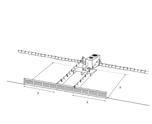 Illustration av skorstensarbete som utförs med skyddsräcke längs del av takfoten. Arbetsområdet är avspärrat från det övriga taket med en avspärrningslina