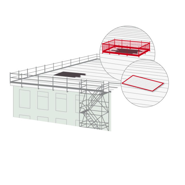 Illustration av ett tak med ett hål med skyddsräcke runt.