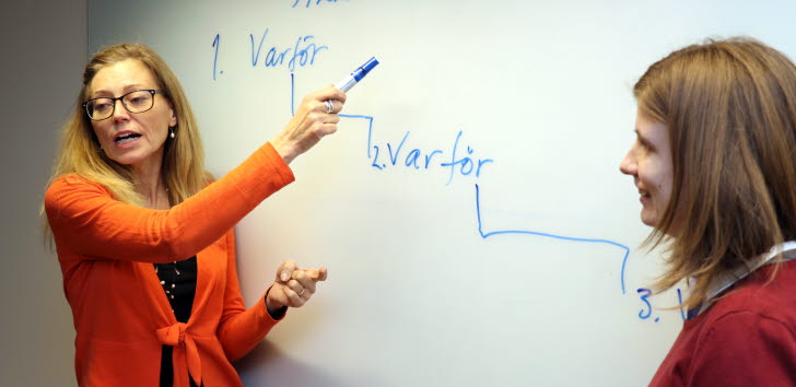 Image of two women in front of a whiteboard that shows plans for systematic work environment.