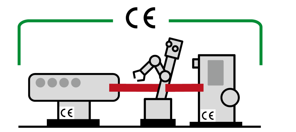 Illustration som föreställer en ny maskinlinje med två CE-märkta maskiner och en delvis fullbordad maskin