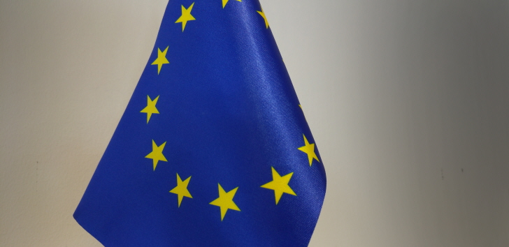 Bild på en liten EU-flagga som inte vajar i vinden